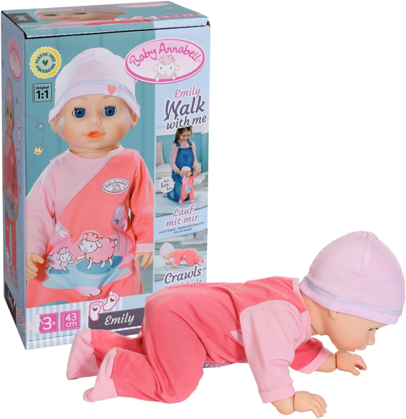 Baby Annabell Emily Run With Me 43cm, păpușă care se târăște și merge, cu funcție de sunet, rochiță și pălărie roz, 710623 Zapf Creation Papusi Naty Shop Titlu implicit