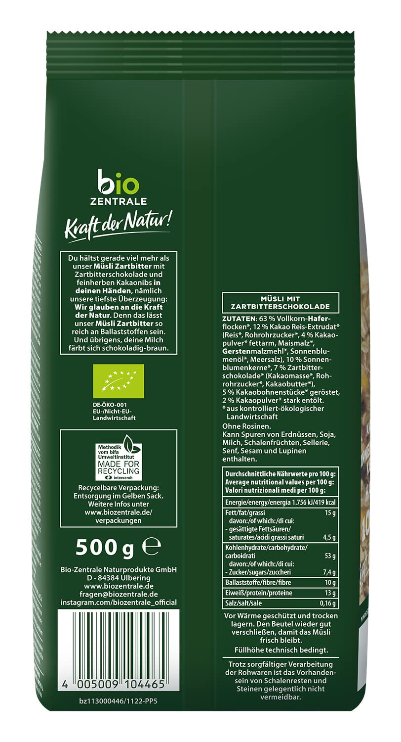 Biocentral müsli med mørk chokolade | 500 g økologisk vegansk | Ideel til morgenmad og din kop takeaway müsli | Alternativ til müslibarer