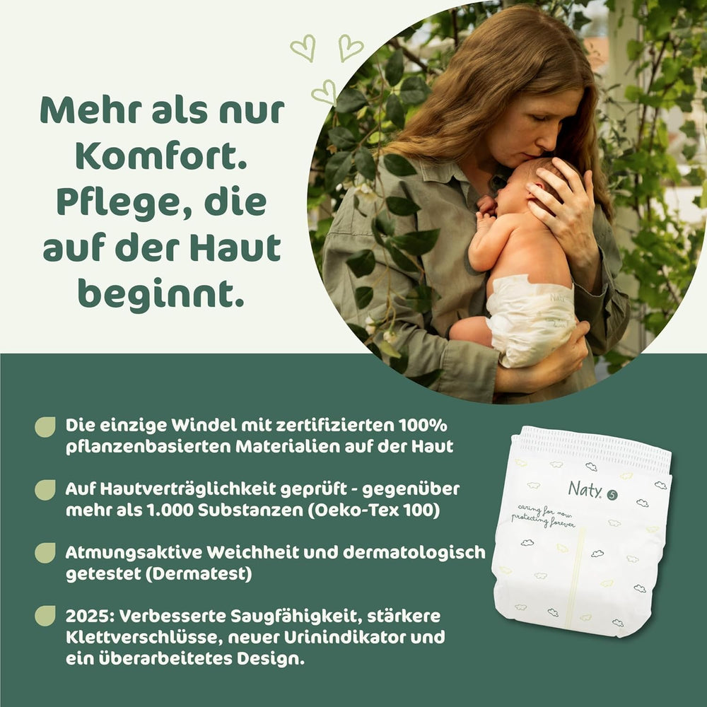 Naty BioEmbrace babybleer, str. 5 (11-25 kg) | 100% plantebaserede materialer, skånsomme mod huden | Åndbar blødhed, dermatologisk testet, fremragende absorption | 80 stk.