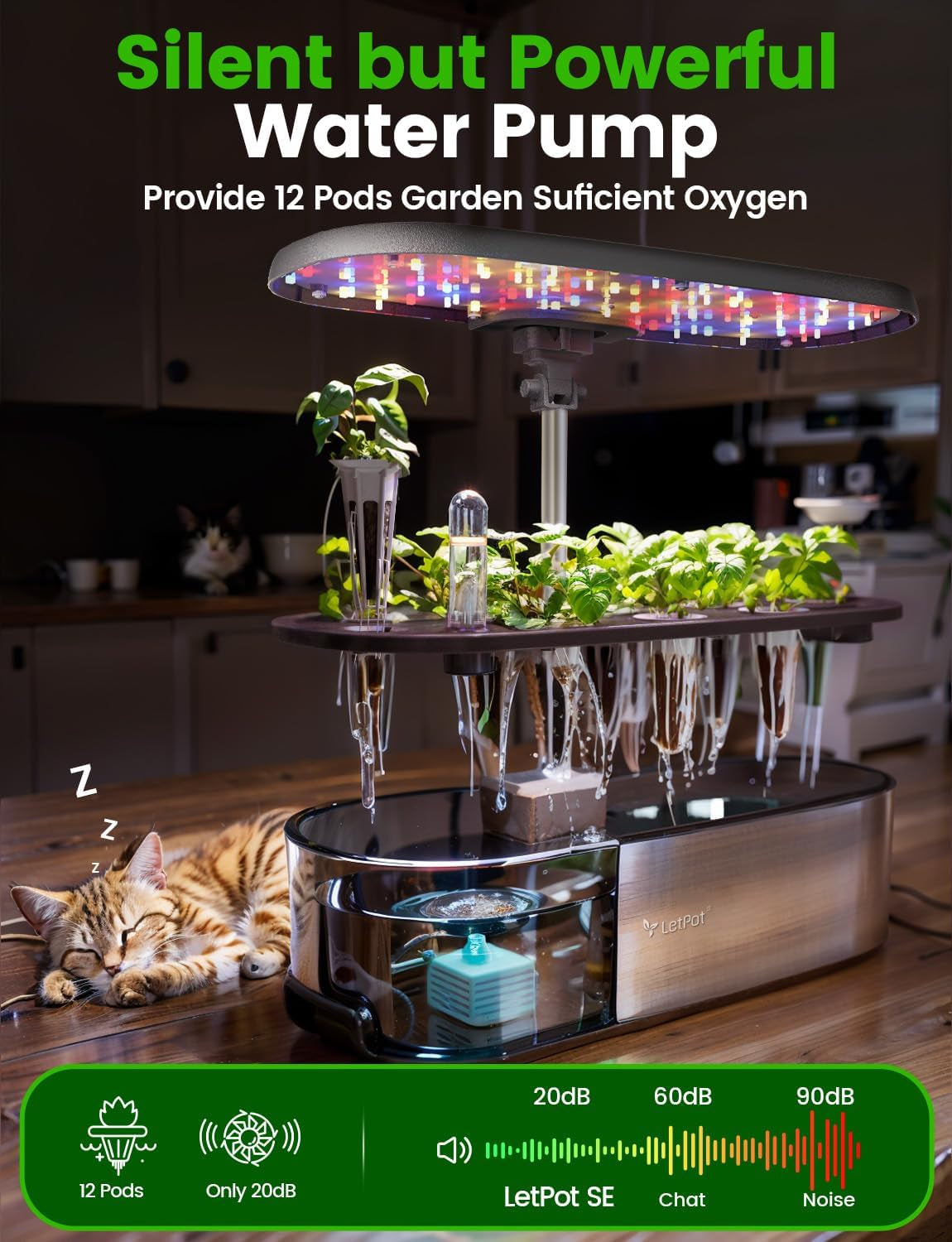 LPH-SE WiFi Hydroponic Grow System, 12 Pots Indendørs Smart Herb Garden Kit, Indendørs Have med 24W LED Grow Light, 5,5 L vandtank, pumpesystem, Auto Timer