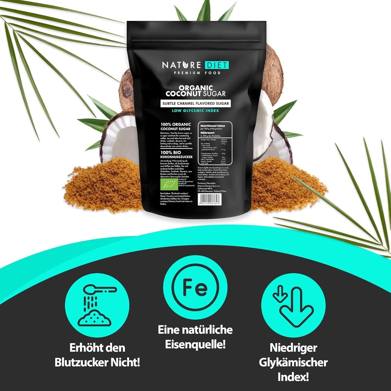 Økologisk kokossukker, karamelsmag, 1,5 kg sødemidler Naty Shop