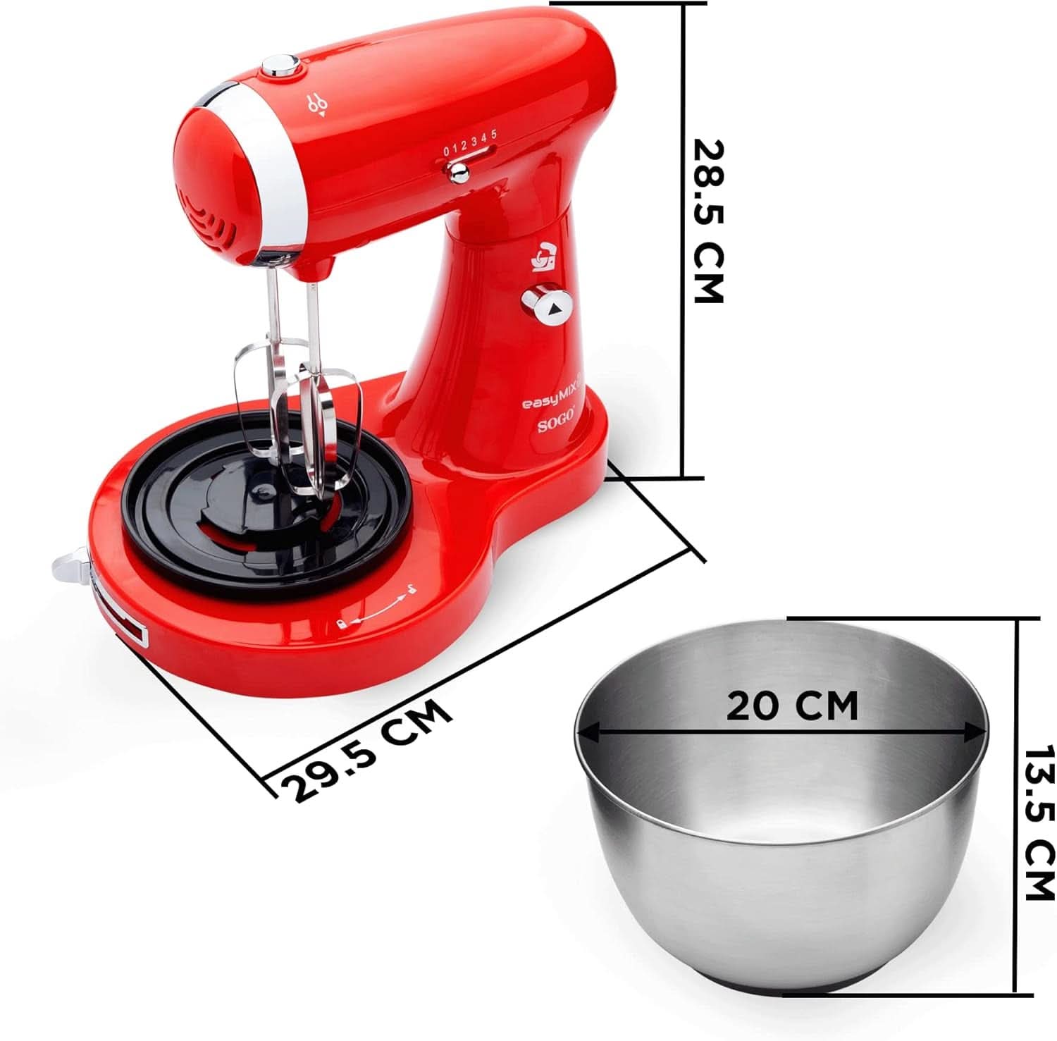 SS-14506 Küchenmaschine, Mixer Und Mixer 3-I-1 Mit Drehschüssel, Stäbchen Und Haken Zum Kneten Aus Edelstahl, 5 Geschwindigkeiten, 3,2 Liter (Rot) Mother and Child Naty Shop