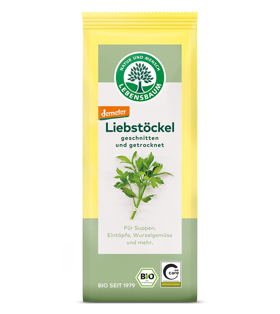 Lebensbaum Liebstöckel geschnitten, Bio-Gewürz mit würzigem Geschmack, Maggi-Kraut für Suppen, Marinaden, Fleisch- og Fisch-Gerichte, vegansk, 15g