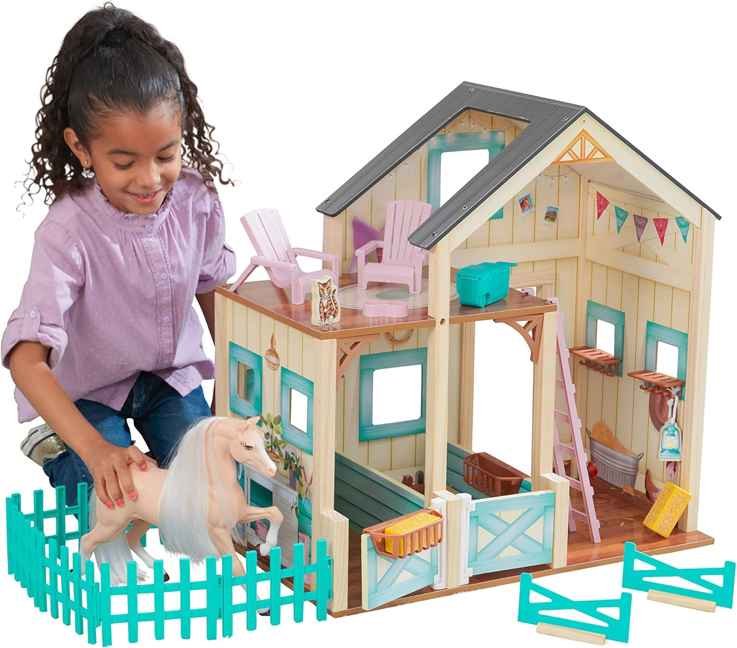 Casa de păpuși Kidkraft Sweet Meadow Horse Stable cu cal - set de joacă din lemn cu mobilier și accesorii, cadou de jucărie cu cal pentru băieți și fete de la 3 ani, 63534 Casute de papusi Naty Shop Titlu implicit