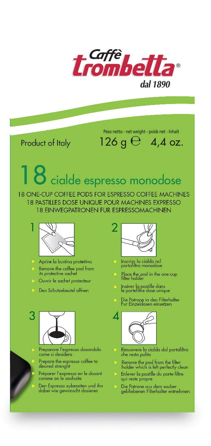 Caffè Trombetta ESE Kaffeepads, Italien Kaffee, Reichhaltiges Aroma und samtiger Geschmack Biologisch - 1 Packungen zu je 18 Kaffeepads