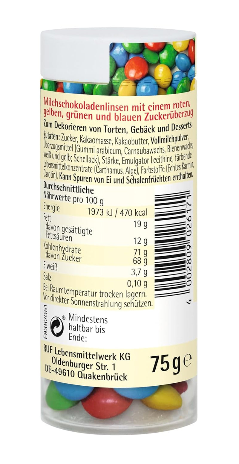 RUF Love Chokolade Chokolade Linsedekorationer, lavet af fin mælkechokolade med en sprød og farverig sukkerglasur, 75g pr.