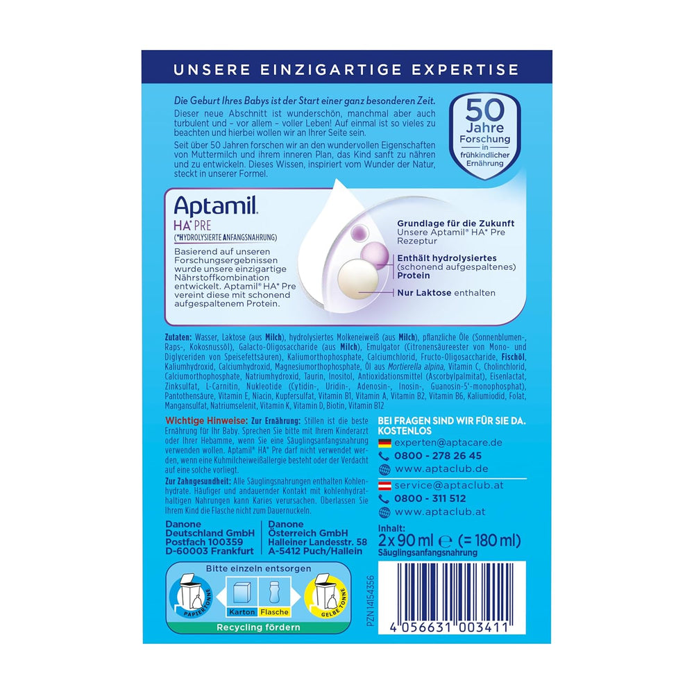 Aptamil HA Pre Ready to Drink – Hydrolyseret mælk til spædbørn fra fødslen – 4 x 2 x 90 ml