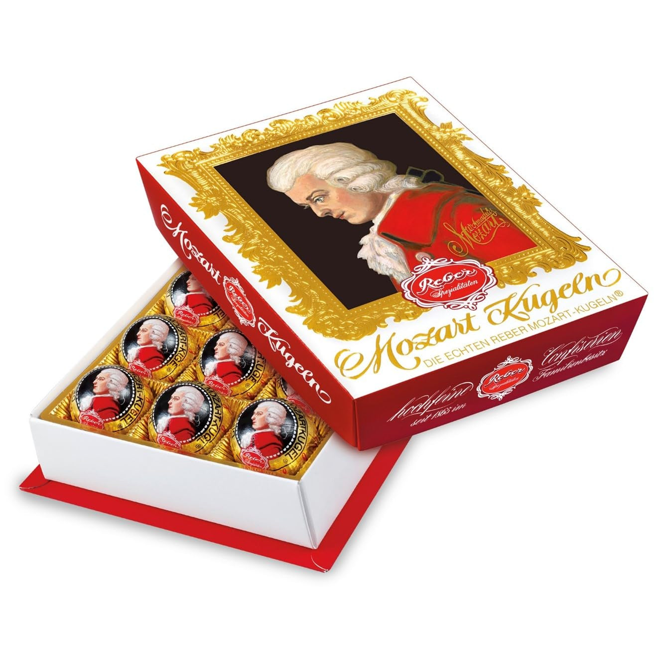 Reber Mozart kugler med mørk chokolade, pakke med 6 med marcipan og nougat, vegansk - 1 x 120 g