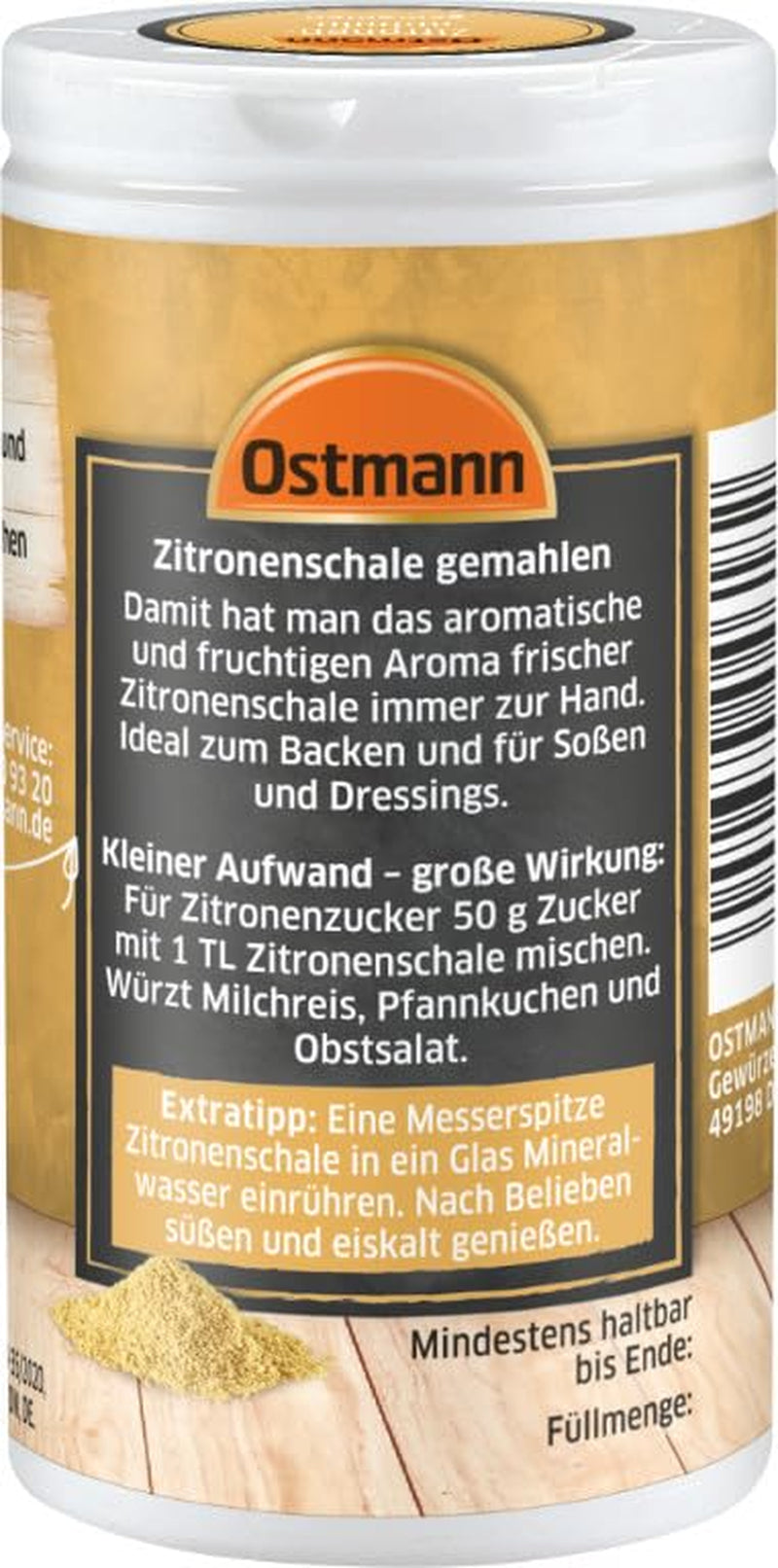 Ostmann Gewürze – Zitronenschale, gemahlene Schale für ein frisches Zitronen-Aroma, zum Backen oder Verfeinern von Soßen, Dressinger & Desserts, veganske, 35 g (Verpackungsdesign kann abweichen)