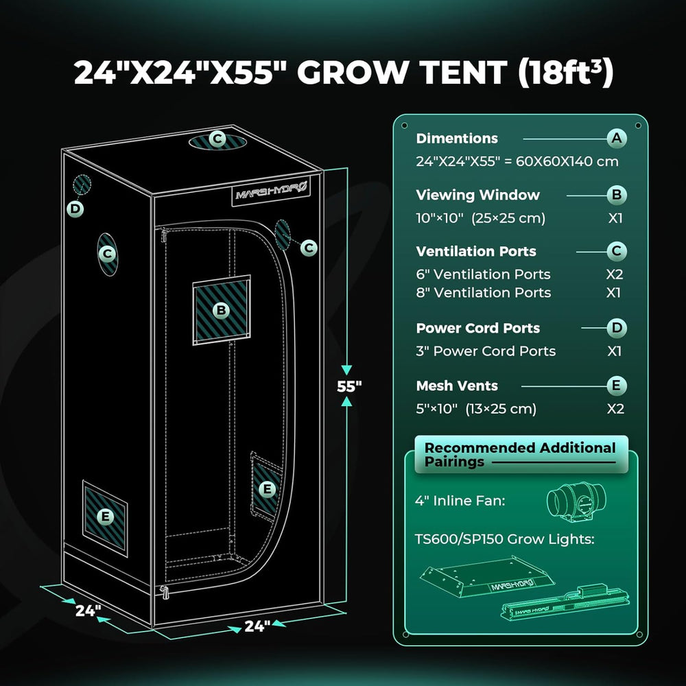 MARS HYDRO Grow Telt 60x60x140cm, Indendørs Grow Telt, Reflekterende Mylar Grow Telte til Hydroponics, Aftagelig bundbakke til plantedyrkningsplads