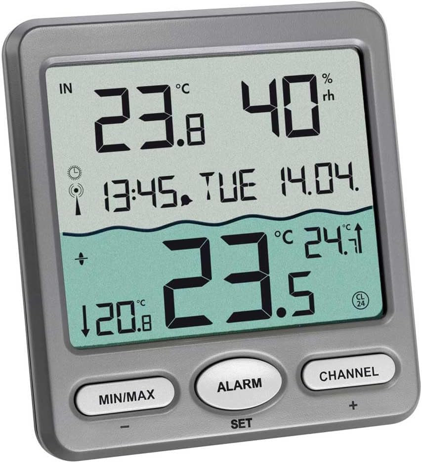 Termometru de piscină TFA Dostmann Venice, 30.3056.10, pentru monitorizarea temperaturii apei în piscine, iazuri sau jacuzzi-uri, termometru digital wireless pentru piscină, gri, L 116 x l 24 (65) x Î 126 mm