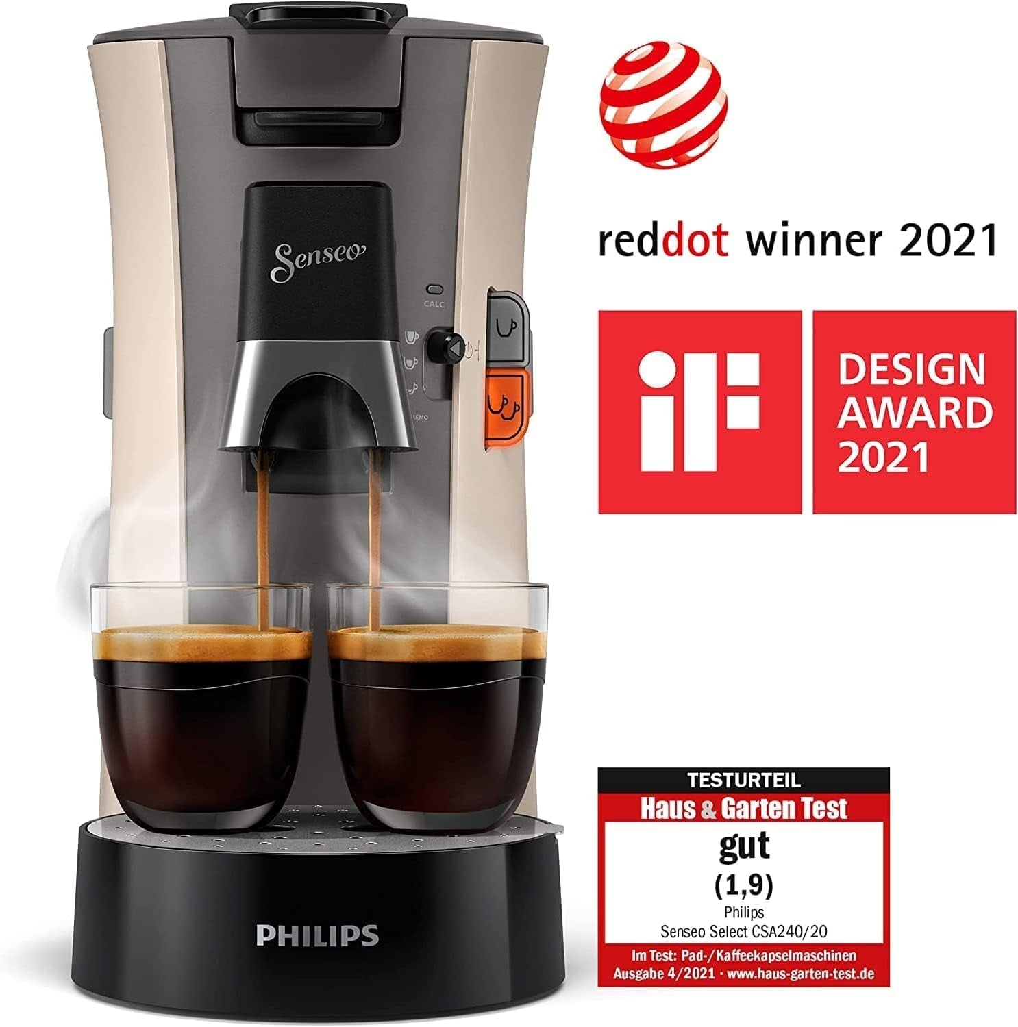 PHILIPS Senseo Select, Espressor cu capsule - Selecție a intensității cafelei Plus, Funcție Memo, Fabricat din plastic reciclat, 1450 wați, 0,9 l, Bej, (CSA240/30)