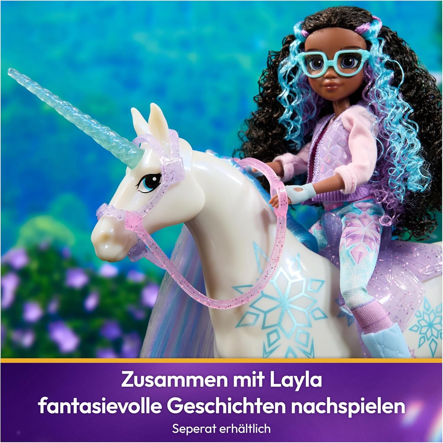 Unicorn Academy Einhorn Glacier - 28 cm groß, Original-Einhorn von Layla zur Netflix-Serie, mit echter Mähne und Schweif, abnehmbarem Zaumzeug und Sattel sowie Bürste, für Kinder ab 4 Jahren