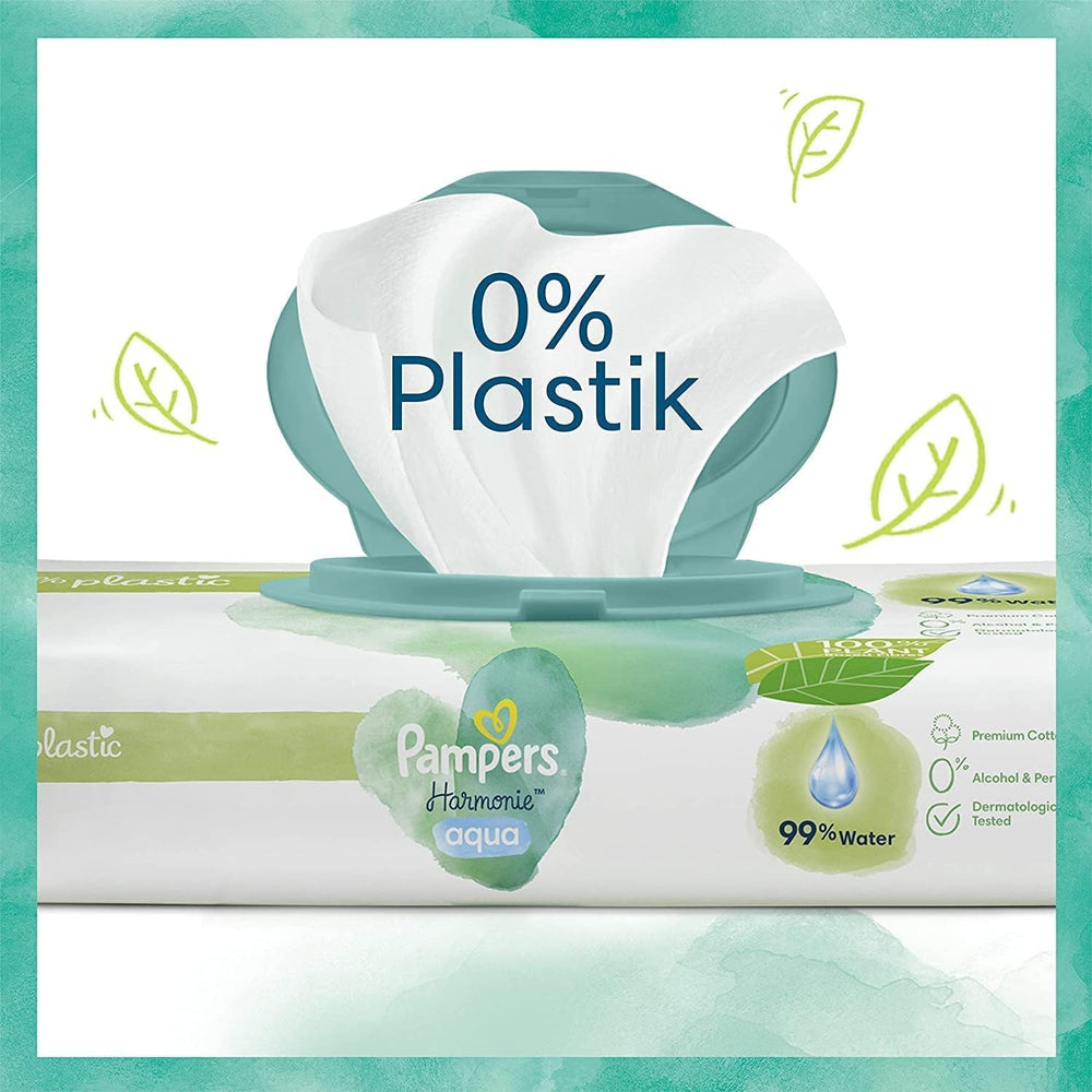 Harmonie Aqua Babyblesæt Størrelse 1 (2-5 kg, 180 stk), Størrelse 2 (4-8 kg, 240 stk), Half Moon Box og Aqua Baby Wipes, 720 Wipes (15 x 48), Baby Starter Kit