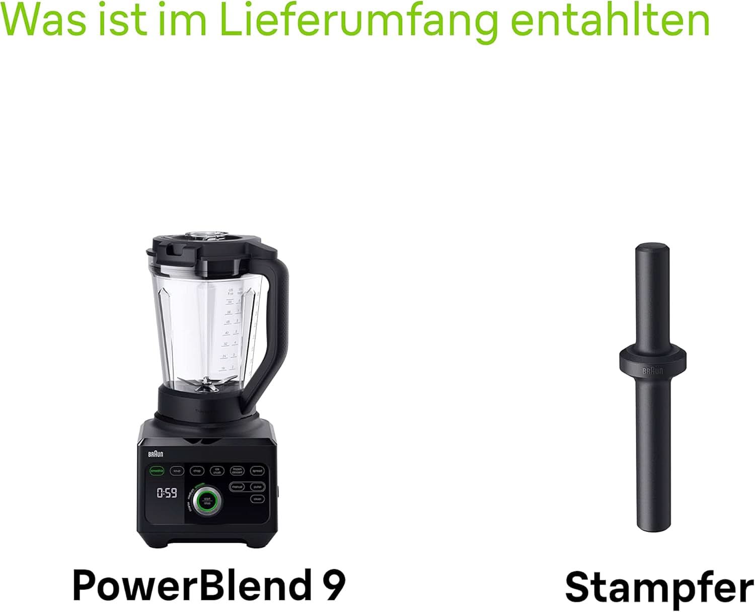 Braun Hochleistungsmixer Powerblend 9 JB9040 – Standmixer Mit Glas-Mixkrug, 18 Mixprogram, 10 Geschwindigkeiten + Pulsefunktion, Heiße Suppen Funktion, Reinigungsprogramm, Stampfer, 1600 W, Schwarz Kitchen Naty Shop