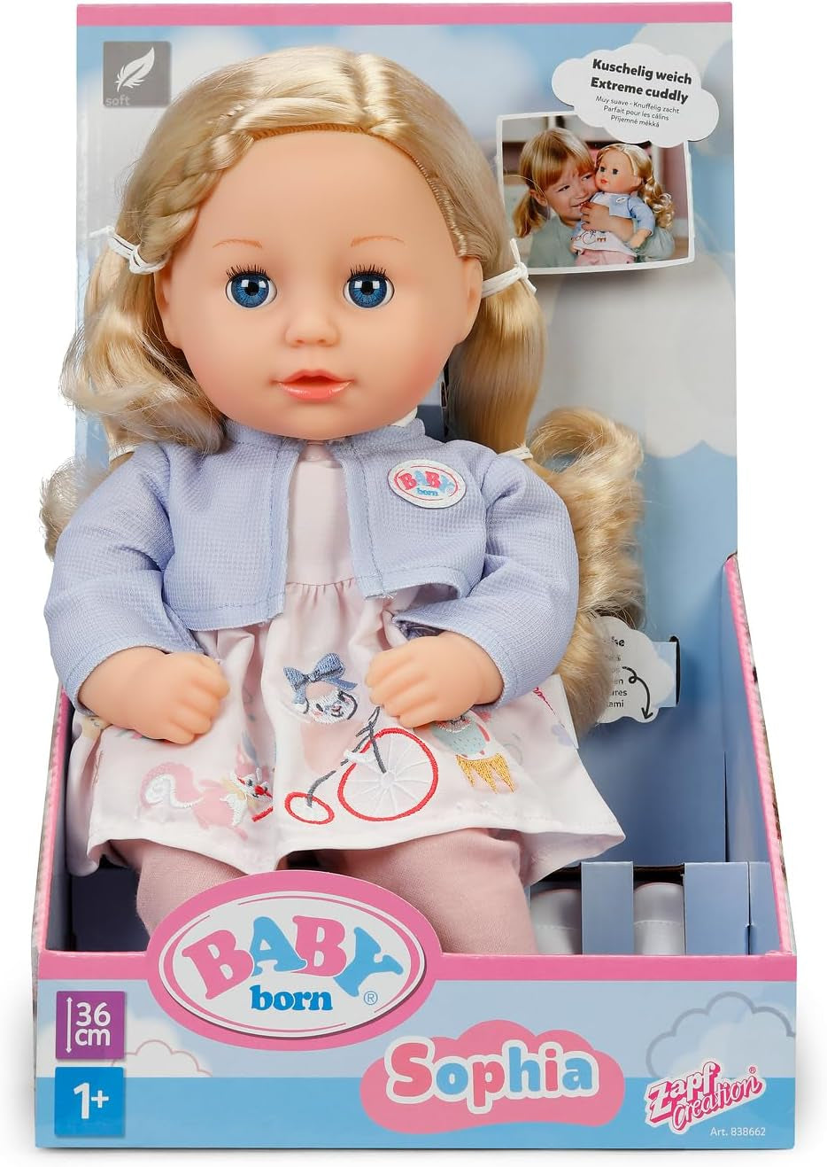 BABY born Sophia Rose - Păpușă moale de 36 cm - Păpușă cu păr blond de înaltă calitate și ochi adormiți - Potrivită pentru copii de la 1 an