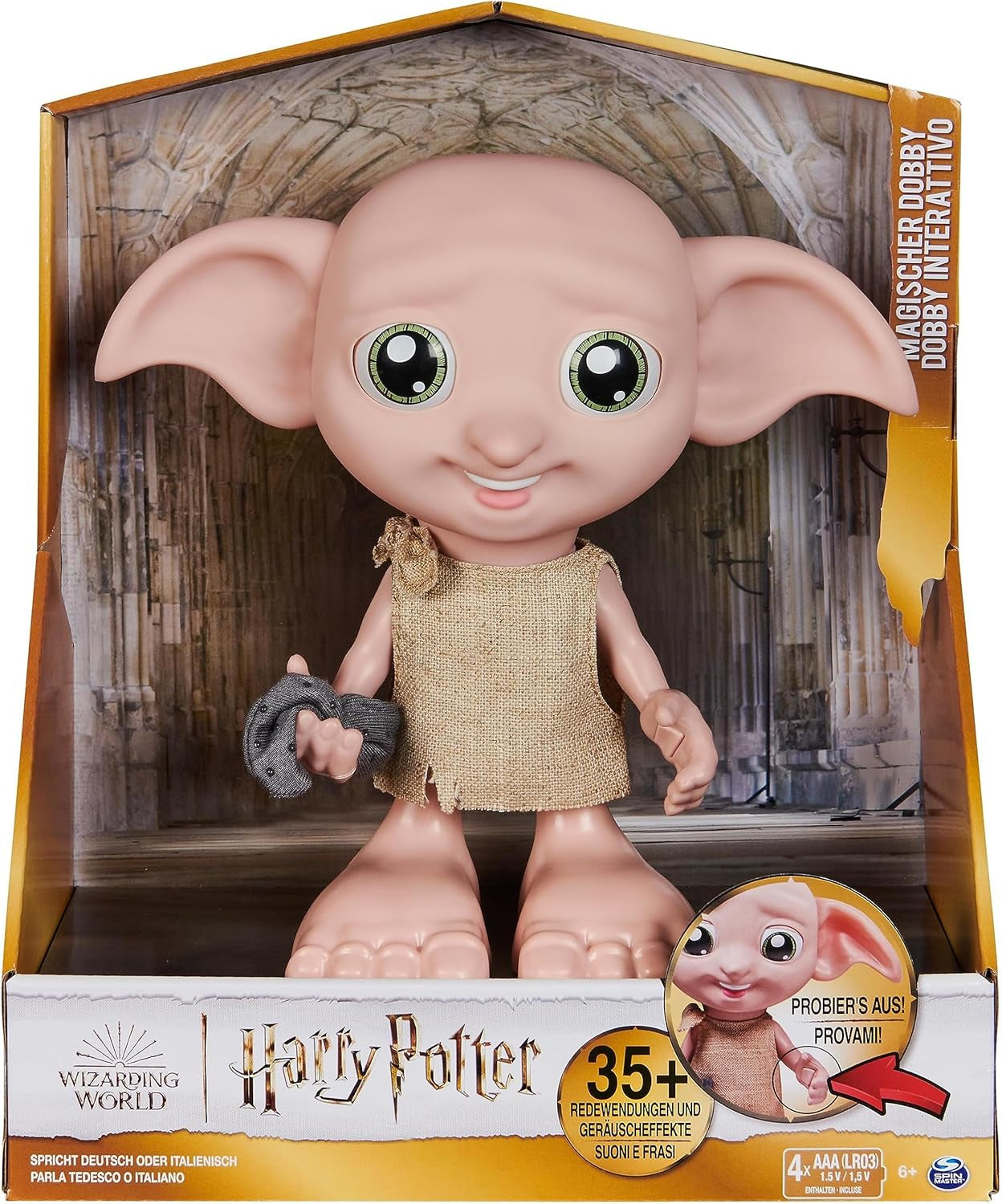 Wizarding World Harry Potter - Dobby House Elf interaktiv dukke med 30+ lyde, sætninger og bevægelser, tysk-italiensk, legetøj til 6 år gammel, fanartikel Dukker Naty Shop Standardtitel
