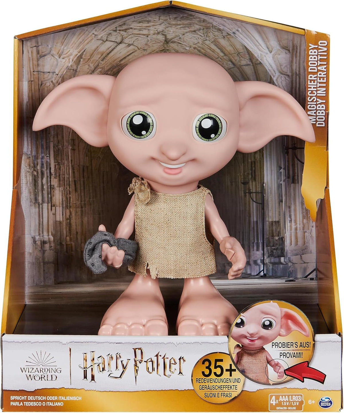 Wizarding World Harry Potter - Dobby House Elf interaktiv dukke med 30+ lyde, sætninger og bevægelser, tysk-italiensk, legetøj til 6 år gammel, fanartikel Dukker Naty Shop Standardtitel