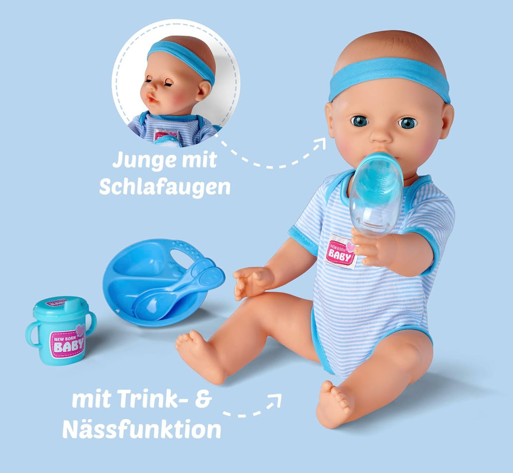 Simba 105030044 - Păpușă nou-născută - Băiat, Păpușă din vinil integral cu ochi adormiți, funcție de băut și ud și accesorii, 8 piese, 43 cm, Păpușă bebeluș, vârste 3+