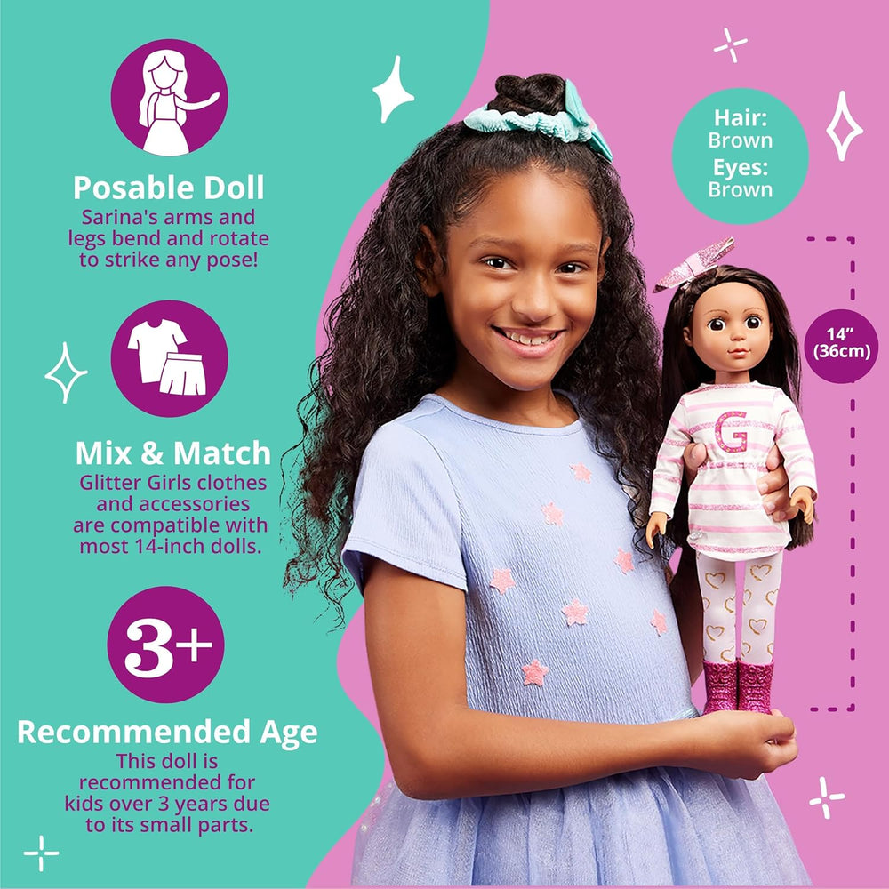 Glitter Girls - Sarinia - Păpușă articulată de modă de 36 cm - Păr șaten drept și ochi căprui - Tunică cu dungi și cizme cu sclipici - 3 ani +