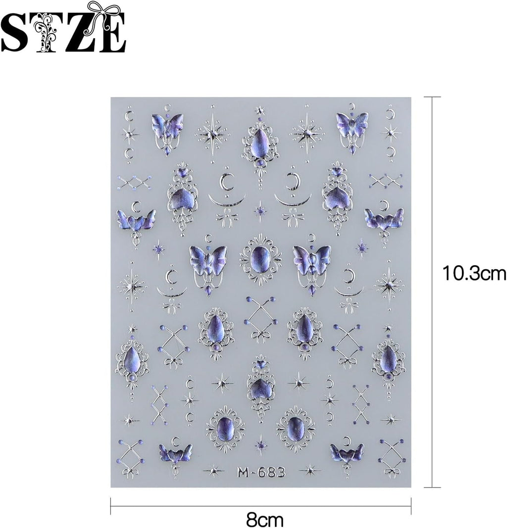 JMEOWIO 3D Nagelsticker Blauer Nail Art Sticker Selbstklebend Nagelaufkleber 5D Stereoskopisch Mondstern Dekoration Nageldesign Zubehör 1 Blatt