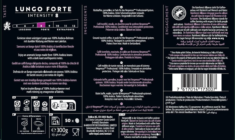 Café Royal Professional Pads, Lungo Forte, 50 Nespresso (R) Professional kompatible Pads für Office und Gastronomie, Rainforest Alliance zertifiziert, 100 Prozent Arabica Kaffee, Intensität 8