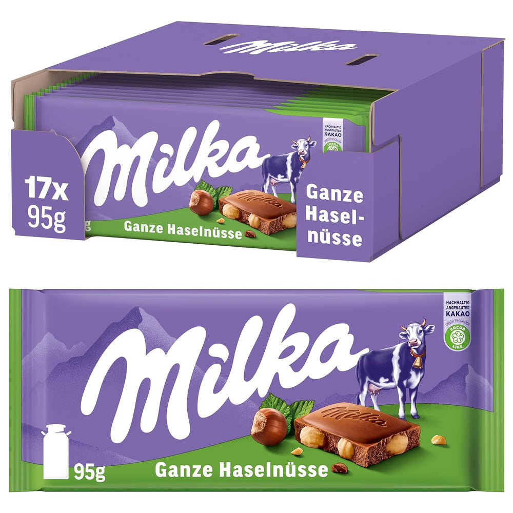 Milka Alpine Mælkechokolade med hele hasselnødder - Chokolade med sprøde nødder - 17 x 95g