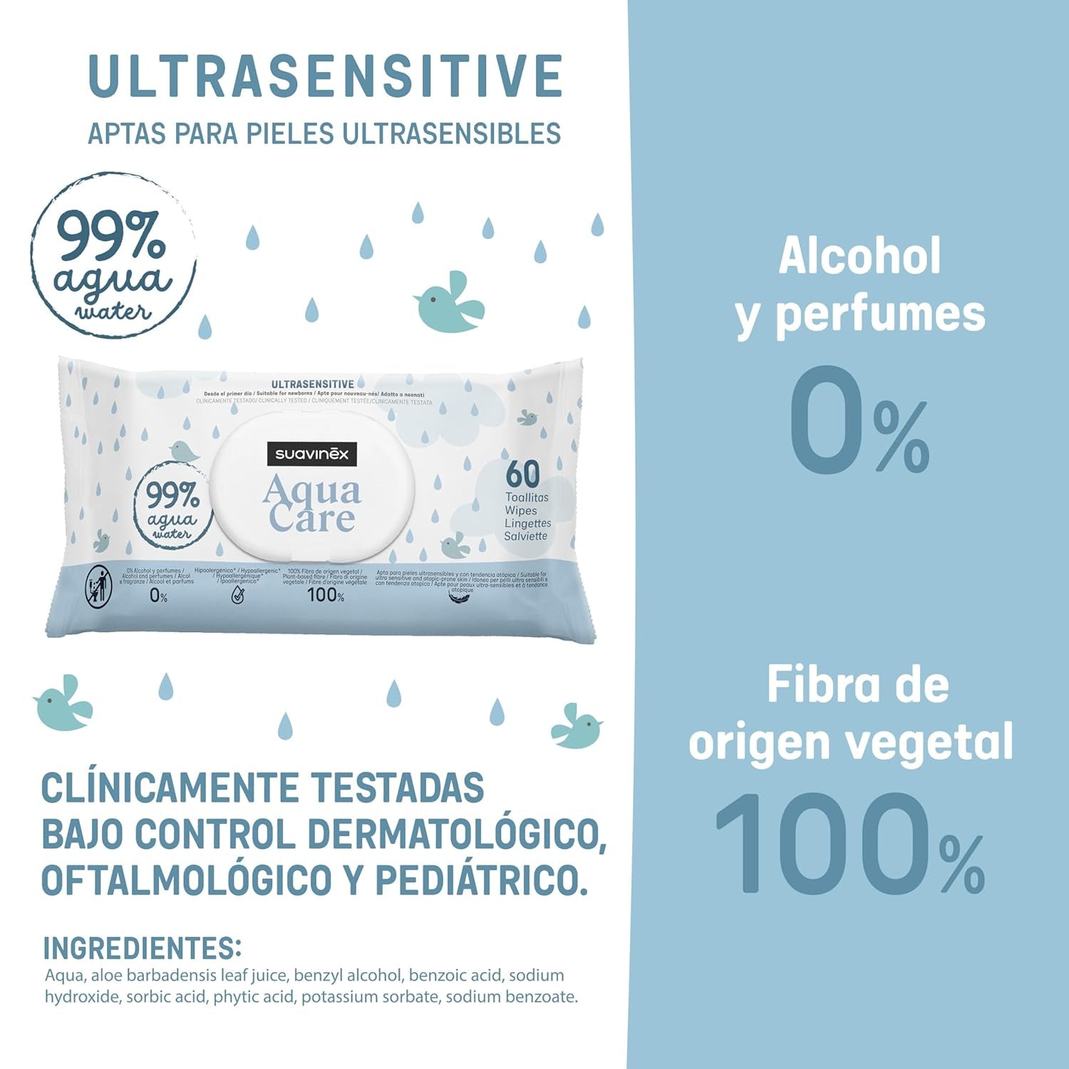 Suavinex Aqua Care Baby Vådservietter 60 Antal renseservietter 99% Vand Plantefiber Aloe Vera Duftfri Alkoholfri Dermatologisk testet Velegnet til følsom hud