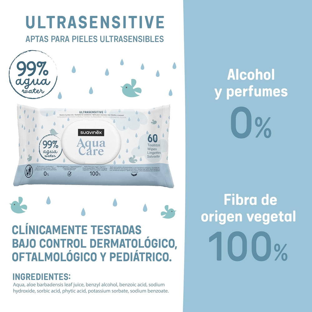 Suavinex Aqua Care Baby Vådservietter 60 Antal renseservietter 99% Vand Plantefiber Aloe Vera Duftfri Alkoholfri Dermatologisk testet Velegnet til følsom hud