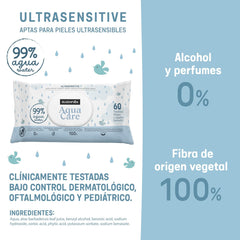 Suavinex Aqua Care Baby Vådservietter 60 Antal renseservietter 99% Vand Plantefiber Aloe Vera Duftfri Alkoholfri Dermatologisk testet Velegnet til følsom hud