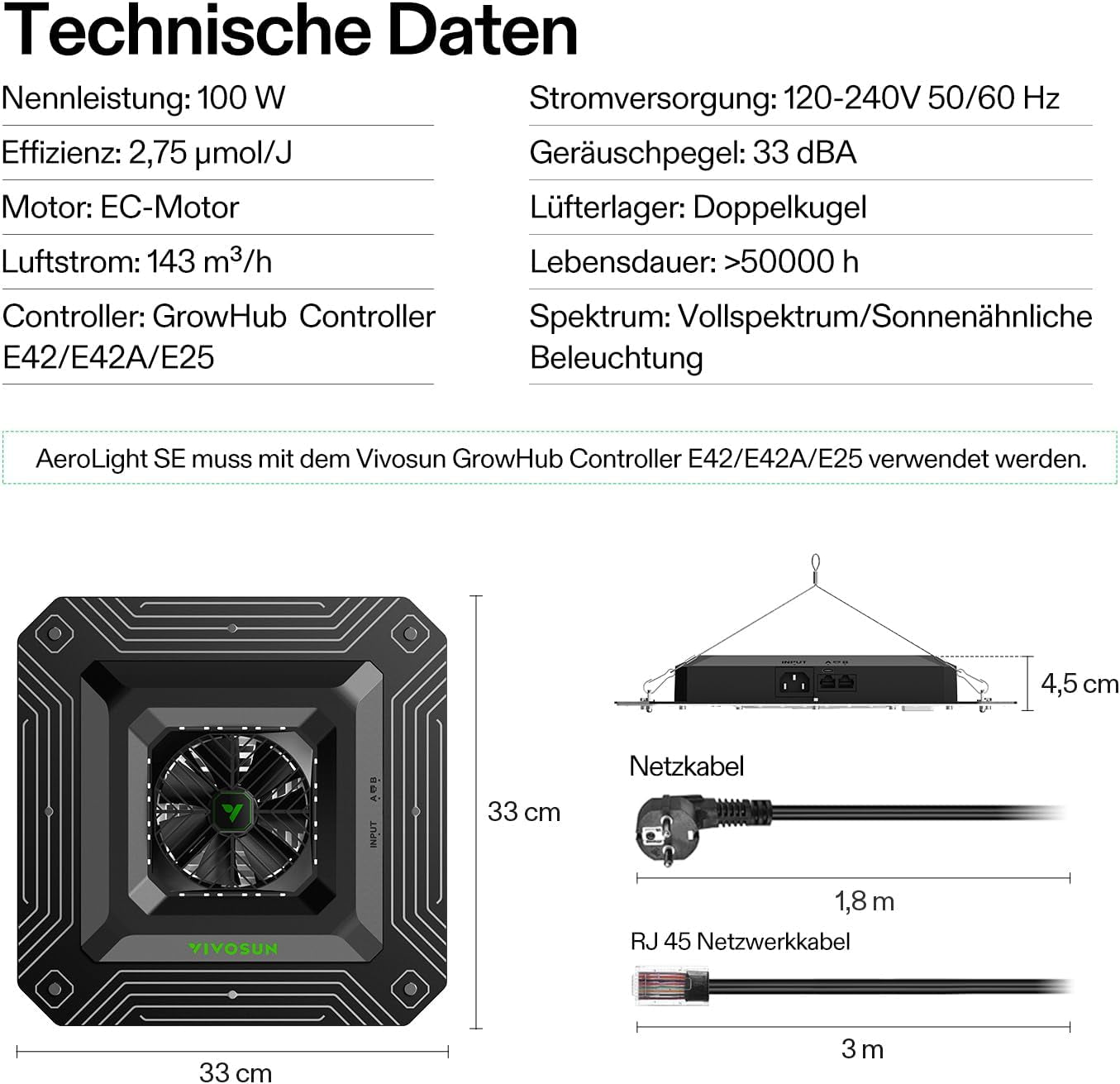 VIVOSUN Smart Grow System med 100W AeroLight A100SE LED-lampe med integreret cirkulationsventilator, AeroZesh T4 100mm 357m³/h kanalventilator og GrowHub E42A-controller til væksttelte og indendørs dyrkning