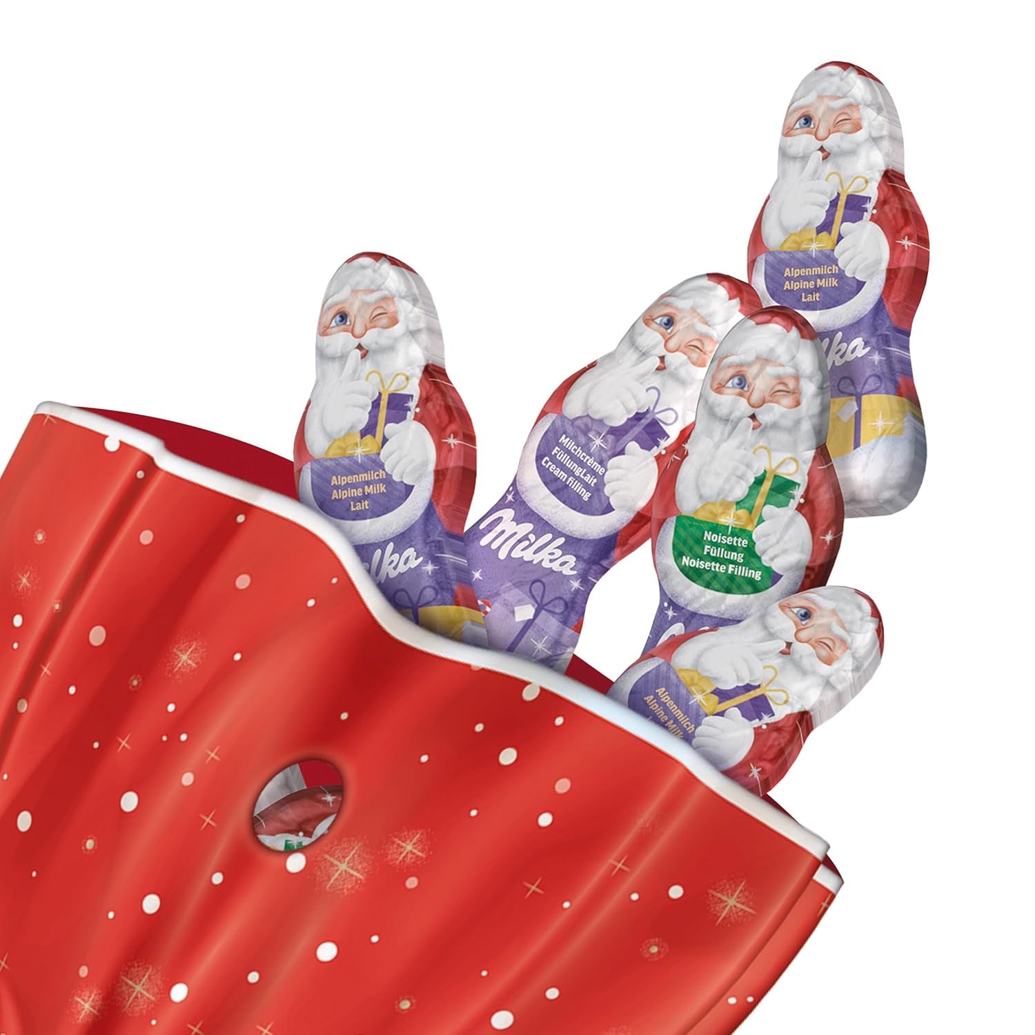 Milka Mini Santas – Alpine mælkeblanding, mælkecreme og hasselnødder i festlig individuel emballage – 120g