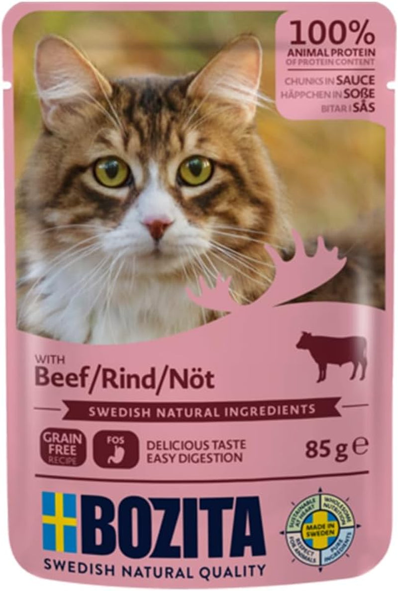 Bozita Pouch Bucăți de hrană umedă în sos cu carne de vită - 12 pliculețe x 85g Hrană umedă fără cereale și grâu pentru pisici - Hrană umedă pentru pisici adulte cu 8,5% proteine și 4,5% grăsimi