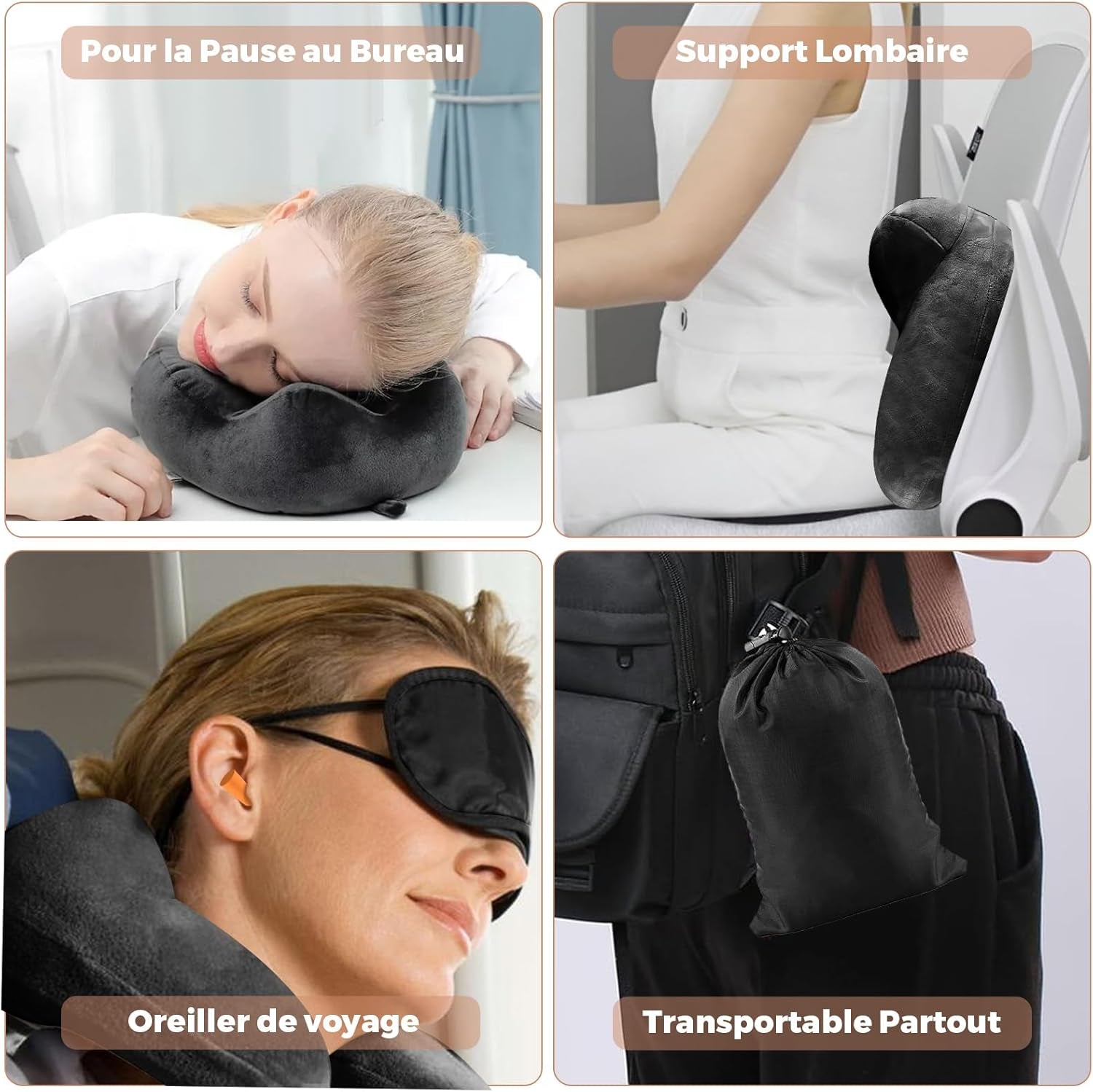 Pernă de călătorie gonflabilă, pernă de călătorie cu mască de somn + dopuri pentru urechi + sac de transport, super ușor și portabil, ideal pentru avion, mașină, casă, birou, negru Perne calatorie Naty Shop