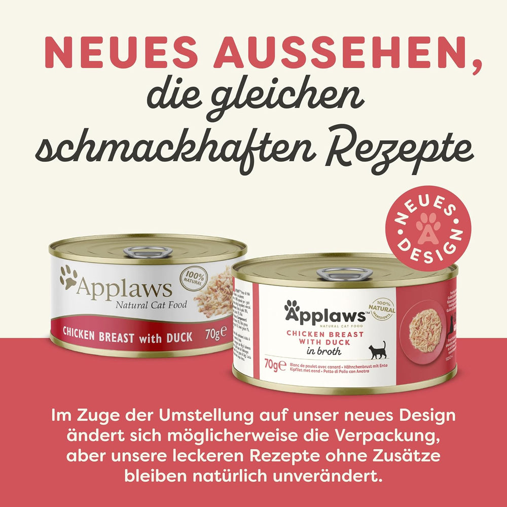 Applaws Premium Natural Hrană Umedă pentru Pisici, Pui cu Rață în Supă, Conservă 70g (24x70g)