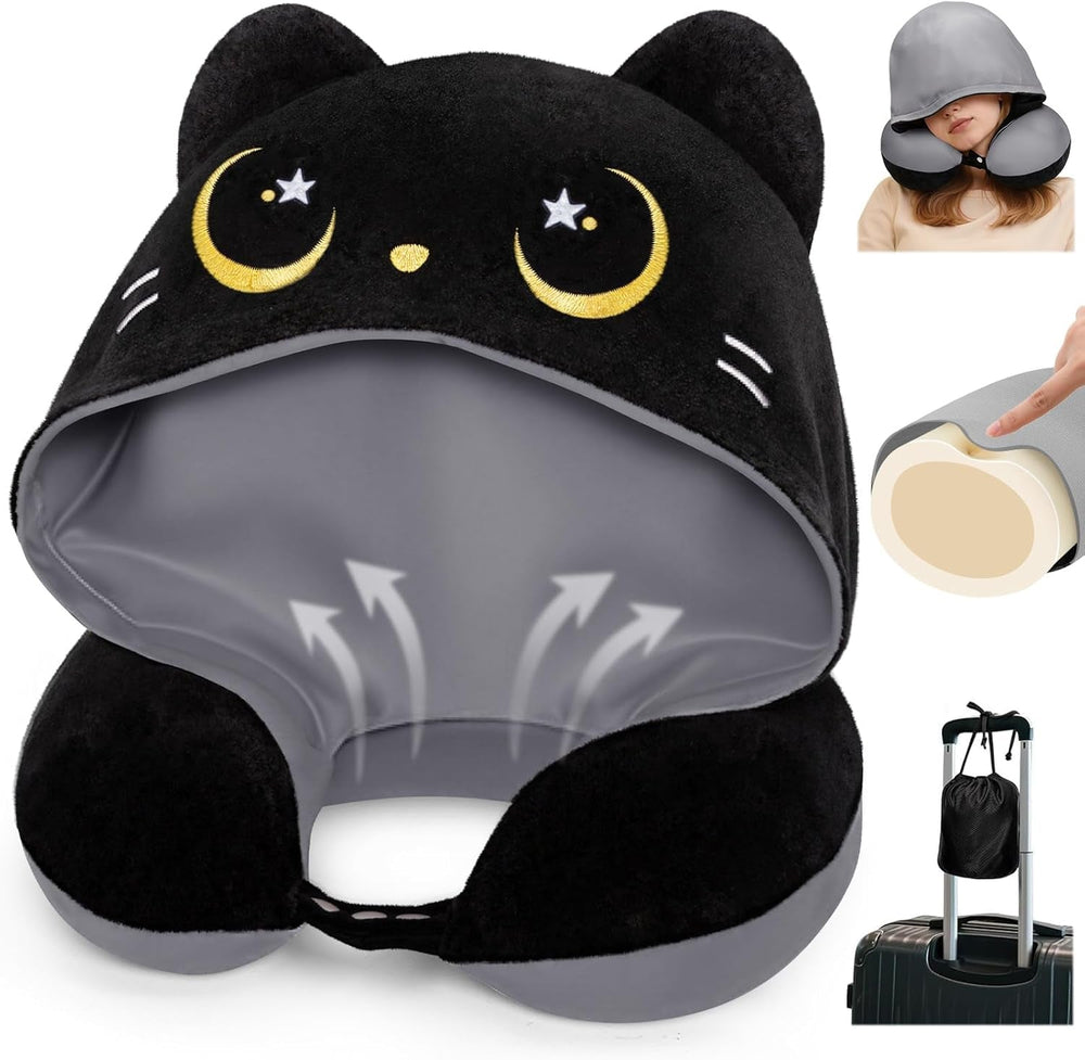 Pernă de călătorie Mewaii, pernă cu două fețe pentru adulți, pernă de gât din spumă cu memorie pentru avion, pernă de zbor reversibilă cu glugă pentru pisică, curea reglabilă