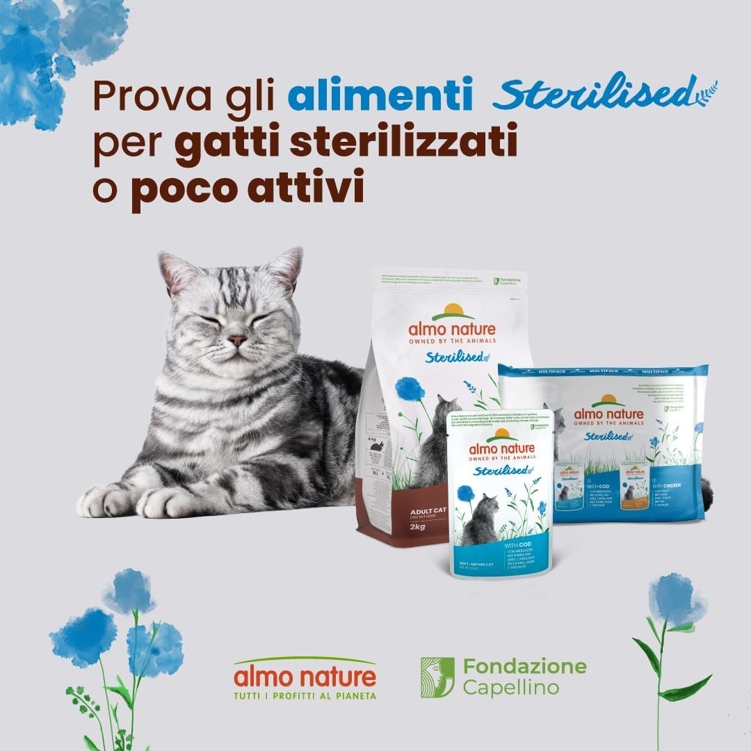 Almo Nature Functional - Sterilizat - Hrană umedă pentru pisici adulte și senior, sterilizate sau mai puțin active - cu cod și pui - Conținut scăzut de grăsimi, hidratantă - 70g (pachet de 6)