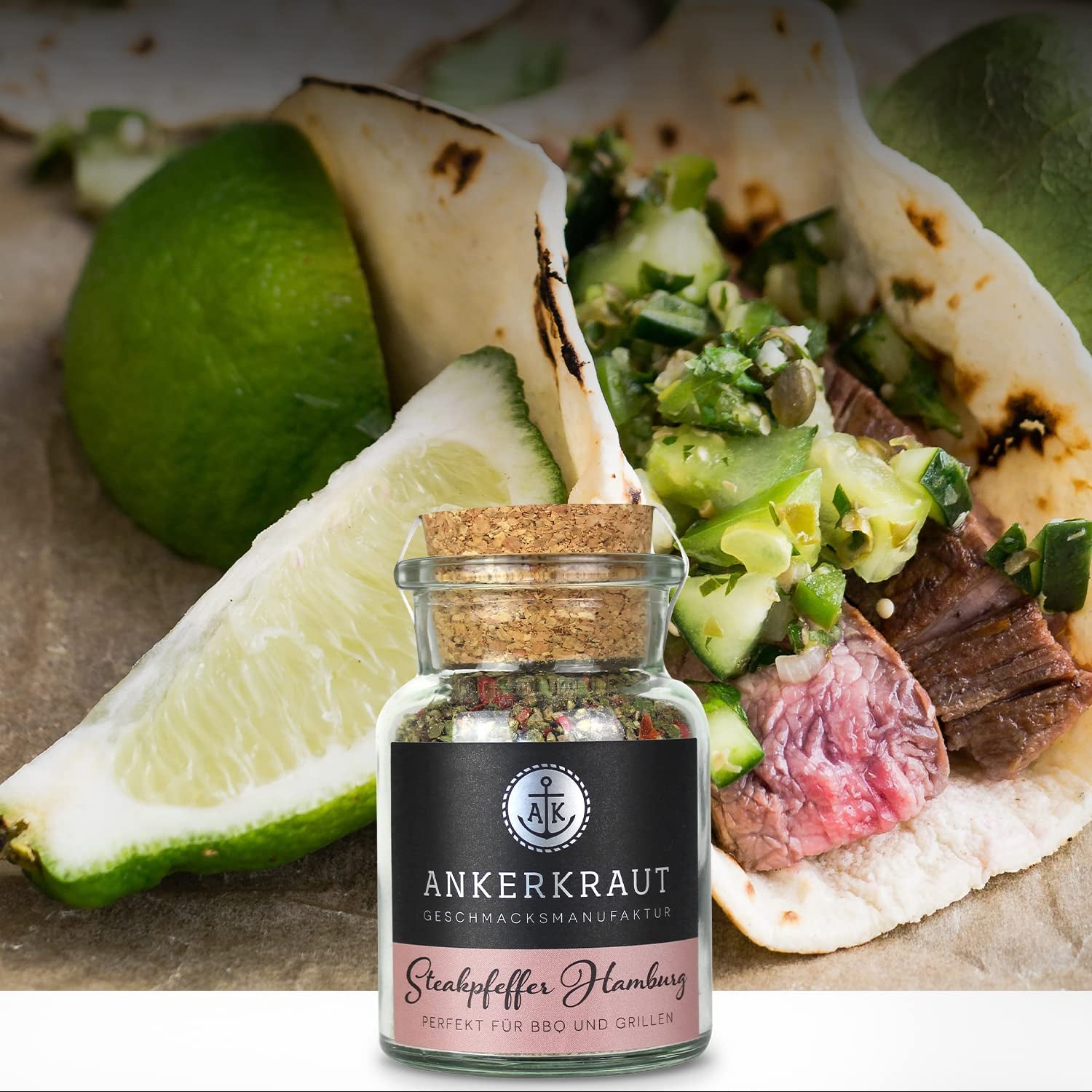 Ankerkraut Steakpfeffer Hamburg, Pfefferkörner Hausmischung, grober Steakhouse-Pfeffer, frische Note, Universal Allrounder, Lecker Kochen mit Qualität, 80 g i Korkenglas
