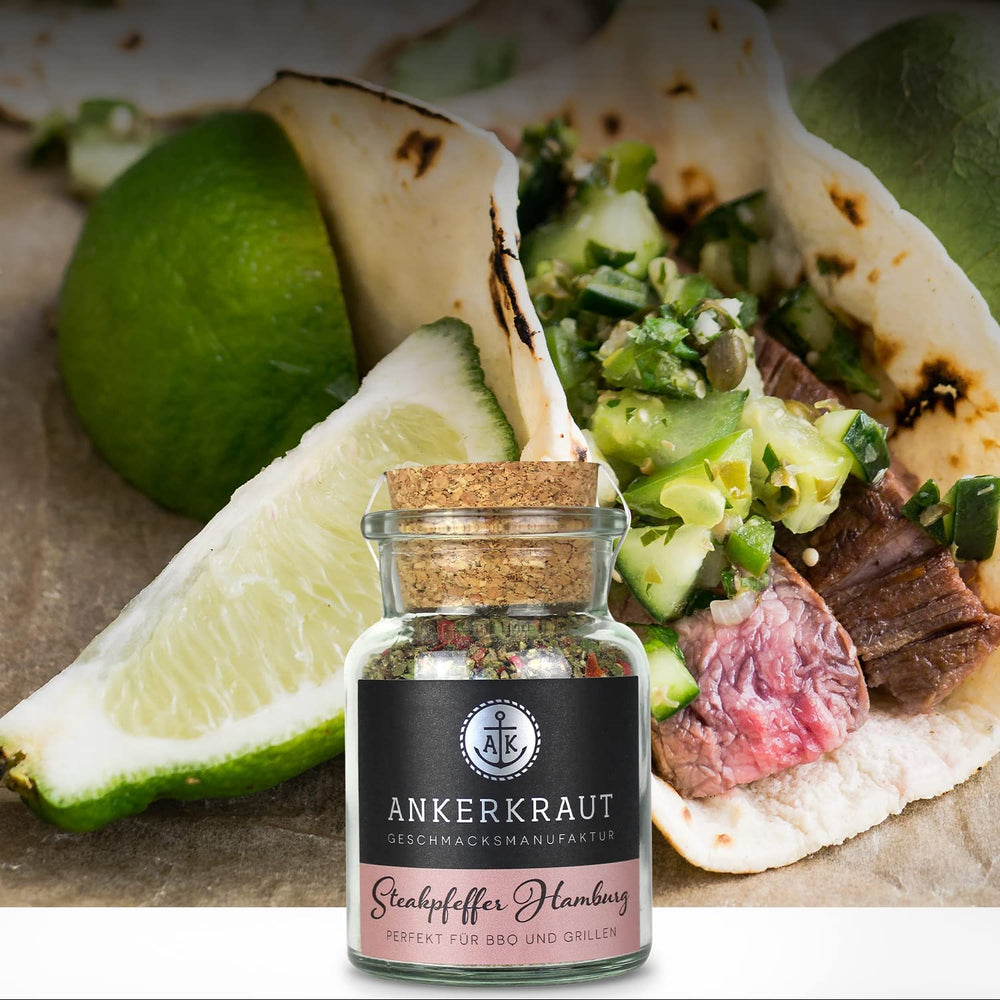 Ankerkraut Steakpfeffer Hamburg, Pfefferkörner Hausmischung, grober Steakhouse-Pfeffer, frische Note, Universal Allrounder, Lecker Kochen mit Qualität, 80 g i Korkenglas