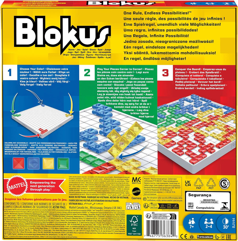 Mattel Games Blokus Spil, Familiebrætspil, Strategispil, 2-4 spillere, Festspil, Alder 7+, BJV44