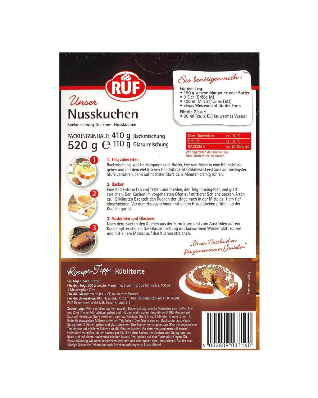 RUF Nusskuchen, Backmischung Mit Schneller Und Einfacher Zubereitung, Nussig Und Locker Mit Glasur, Als Grundlage Für Rüblikuchen, Vegan, 1 X 520G Naty Shop