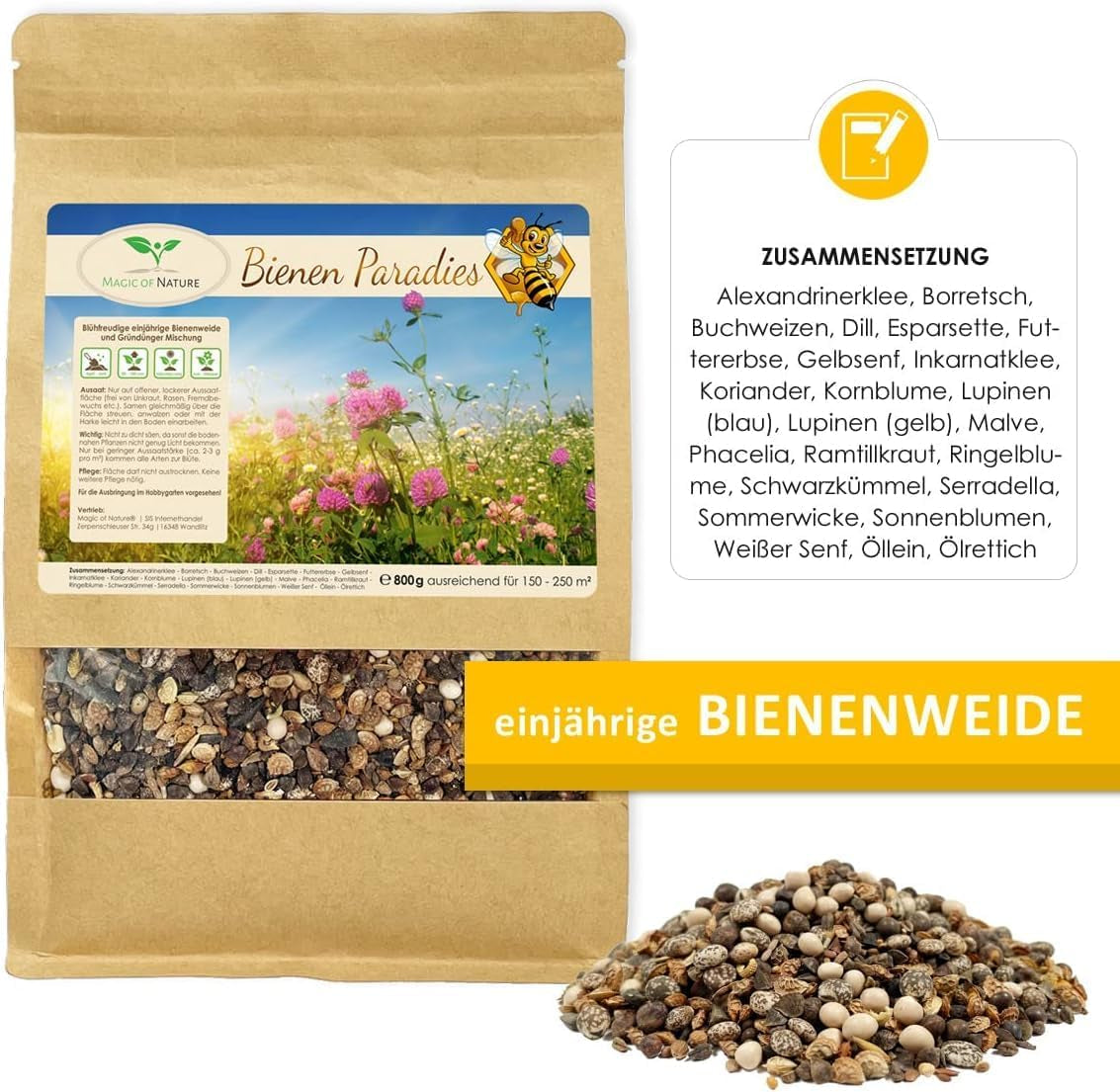 Magic of Nature 800gr. Blumensamen Mischung - Bienen Paradies - Blühfreudige Bienenweide für 150 bis 250 m²