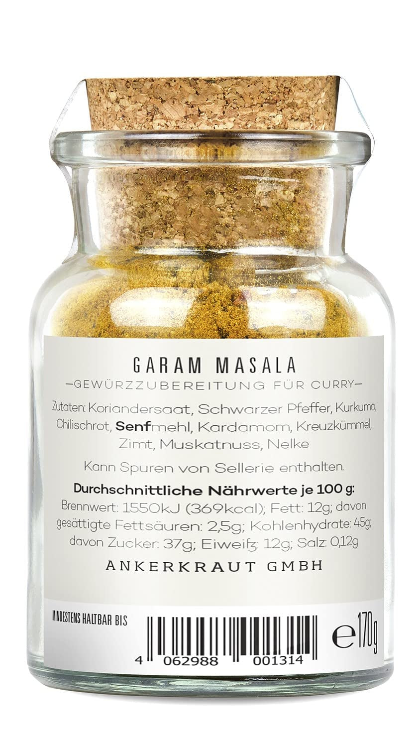 Ankerkraut Garam Masala, Gewürz für indisches Gericht, Leckeres Curry mit Fleisch würzen, Taste of India, 65 g i korkglas