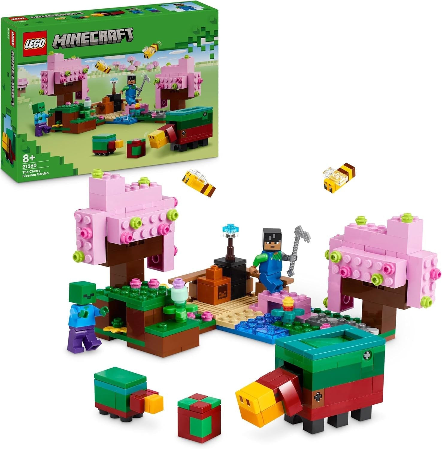 LEGO Minecraft Cherry Blossom Orchard Legetøjshave at udforske med solrig, sniffer, zombie og bier Gamergave til drenge og piger 8 år gamle 21260 byggesæt Besuche den LEGO-Store standardtitel