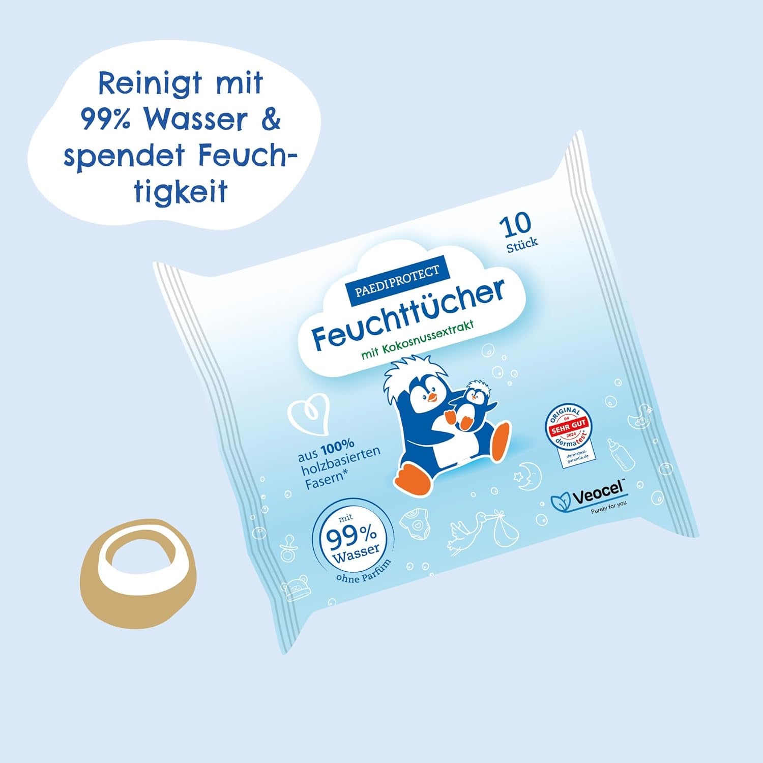 PAEDIPROTECT Baby vådservietter 1 x 10 stk. Sensitive baby vandvådservietter 99% vandparfumefri baby & børn delikat hud kokosekstrakt Mikroplastfri vegansk (5 pakke)