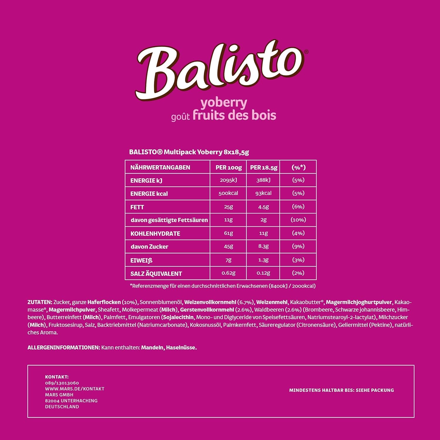 Balisto Chokoladepakke Bulk, Yoberry, korn & Yoghurt Chokoladebarer, 8 x 18,5 g, Chokolade, Müslibarer, Chokolade Bulk Pack (148g)