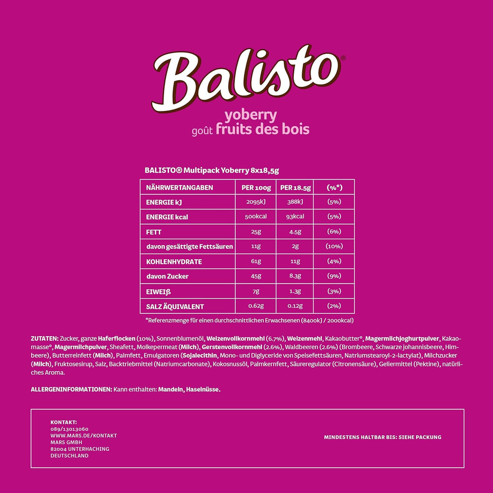 Balisto Chokoladepakke Bulk, Yoberry, korn & Yoghurt Chokoladebarer, 8 x 18,5 g, Chokolade, Müslibarer, Chokolade Bulk Pack (148g)