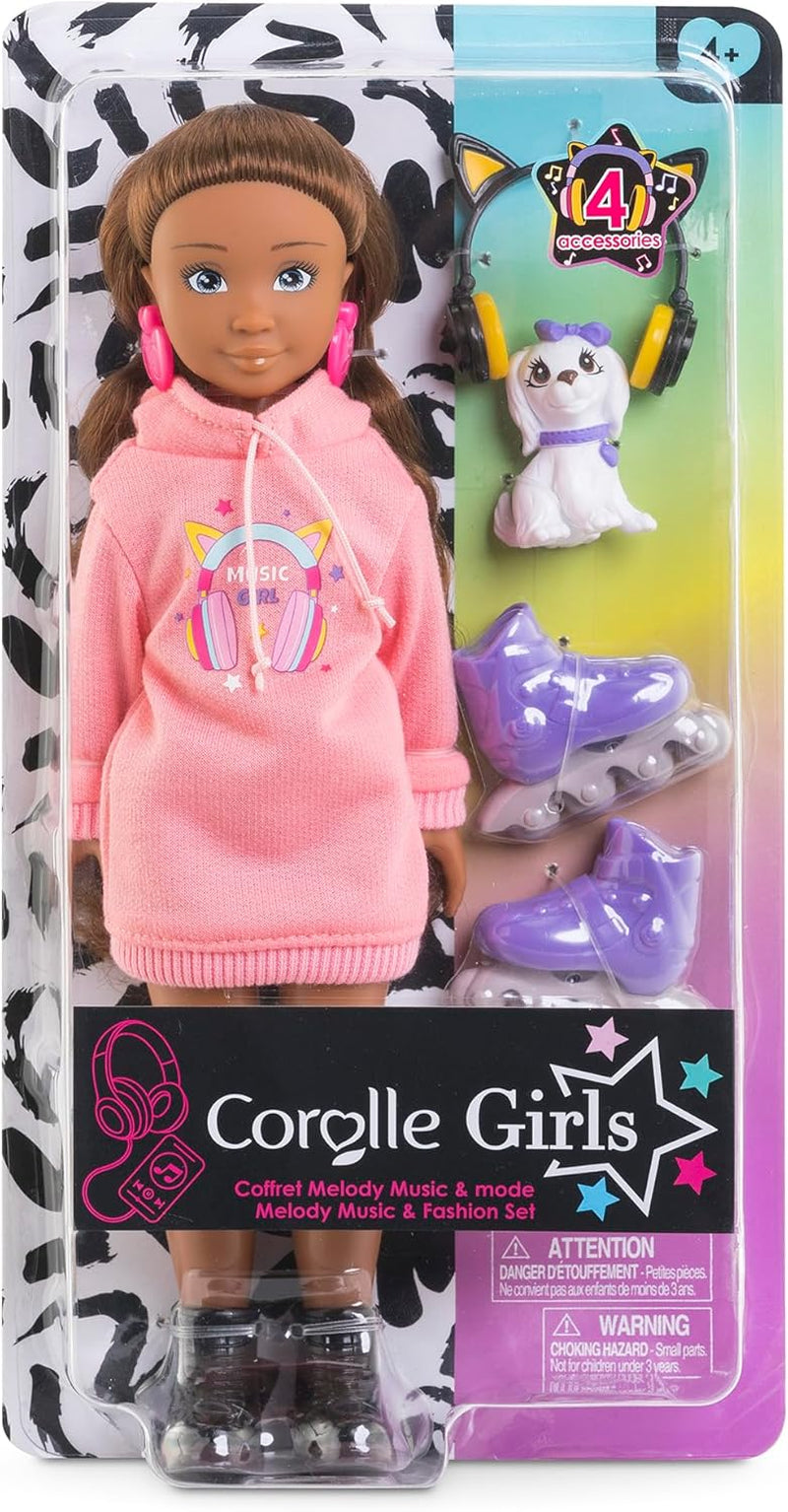 Corolle Girls Melody Music und Fashion Set, Ankleidepuppe im coolen Hoodiekleid mit Hund, trendy Kopfhörer, Ohrringe und extra Inlineskates, Vanilleduft, 28cm, ab 4 Jahren