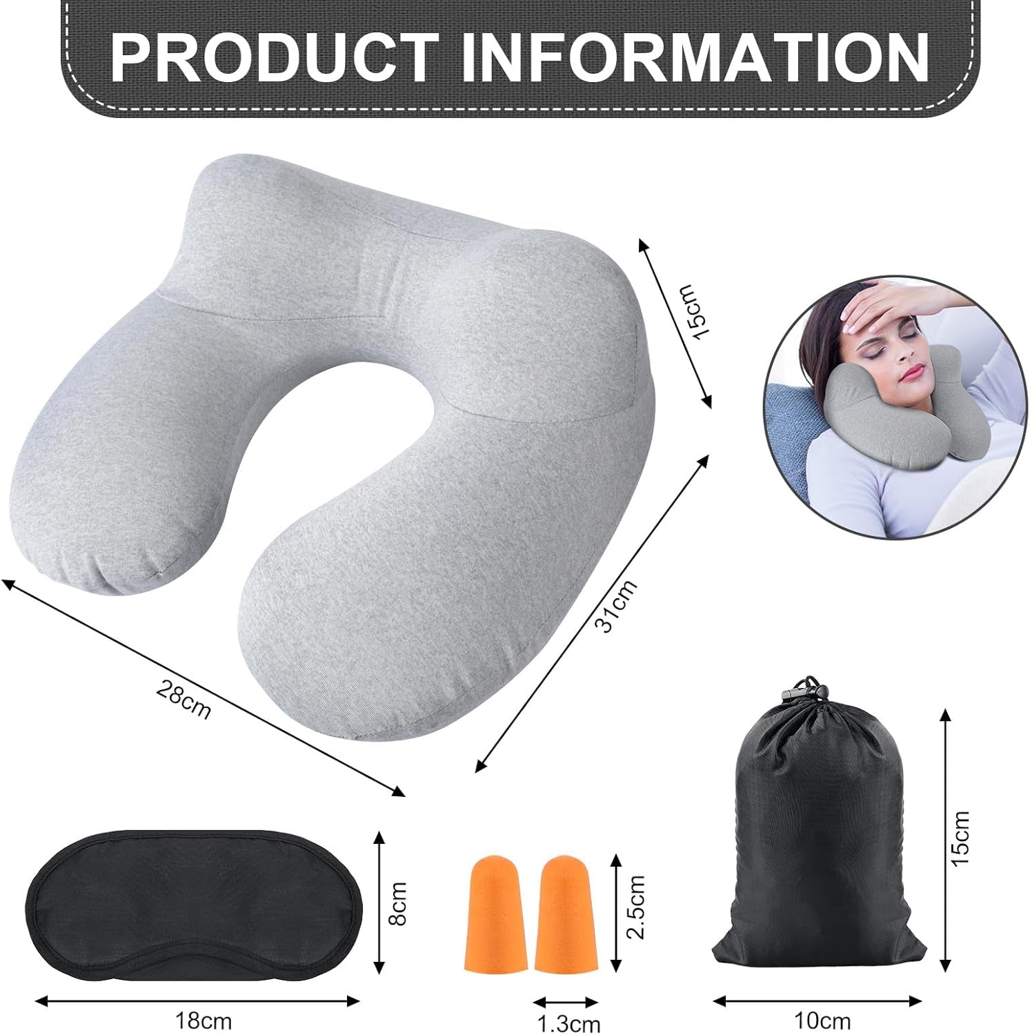 Aiqinu Pernă gonflabilă pentru gât Pernă de călătorie, Compact Quick Neck Pillow gonflabil cu capac de pernă lavabil pentru călătorii cu mașina, avionul, trenul, biroul, familia Perne calatorie Naty Shop
