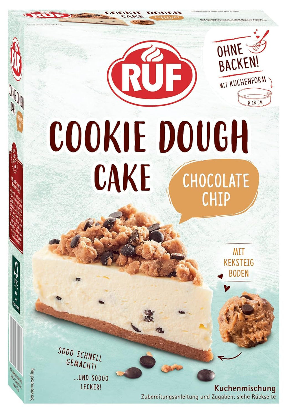 RUF Cookie Dough Cake Ohne Backen, Tortenboden Aus Keksteig Mit Frischkäse-Creme Und Schokoladenstückchen, Inkl. Kuchenform, 1X325G Amestec pentru copt si gatit Naty Shop 325 G (1Er Pack) Cookie Dough Cake